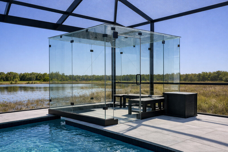 Frameless glass pool pavilion